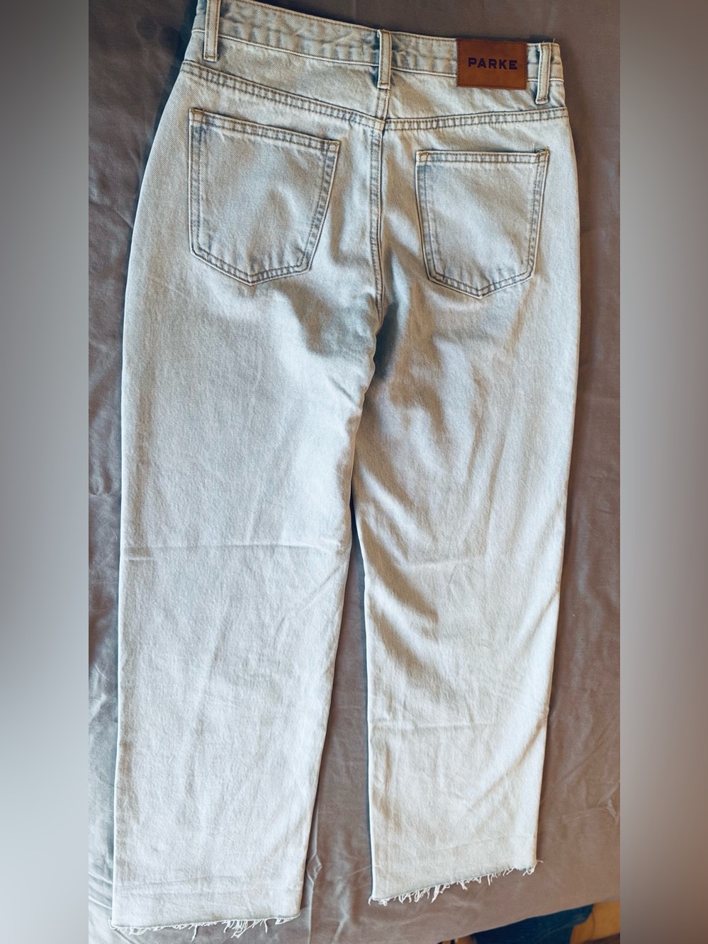 PARKE Button Fly Light Blue Straight-Leg Jeans w Raw Edge Frayed Hem - Picture 6 of 16